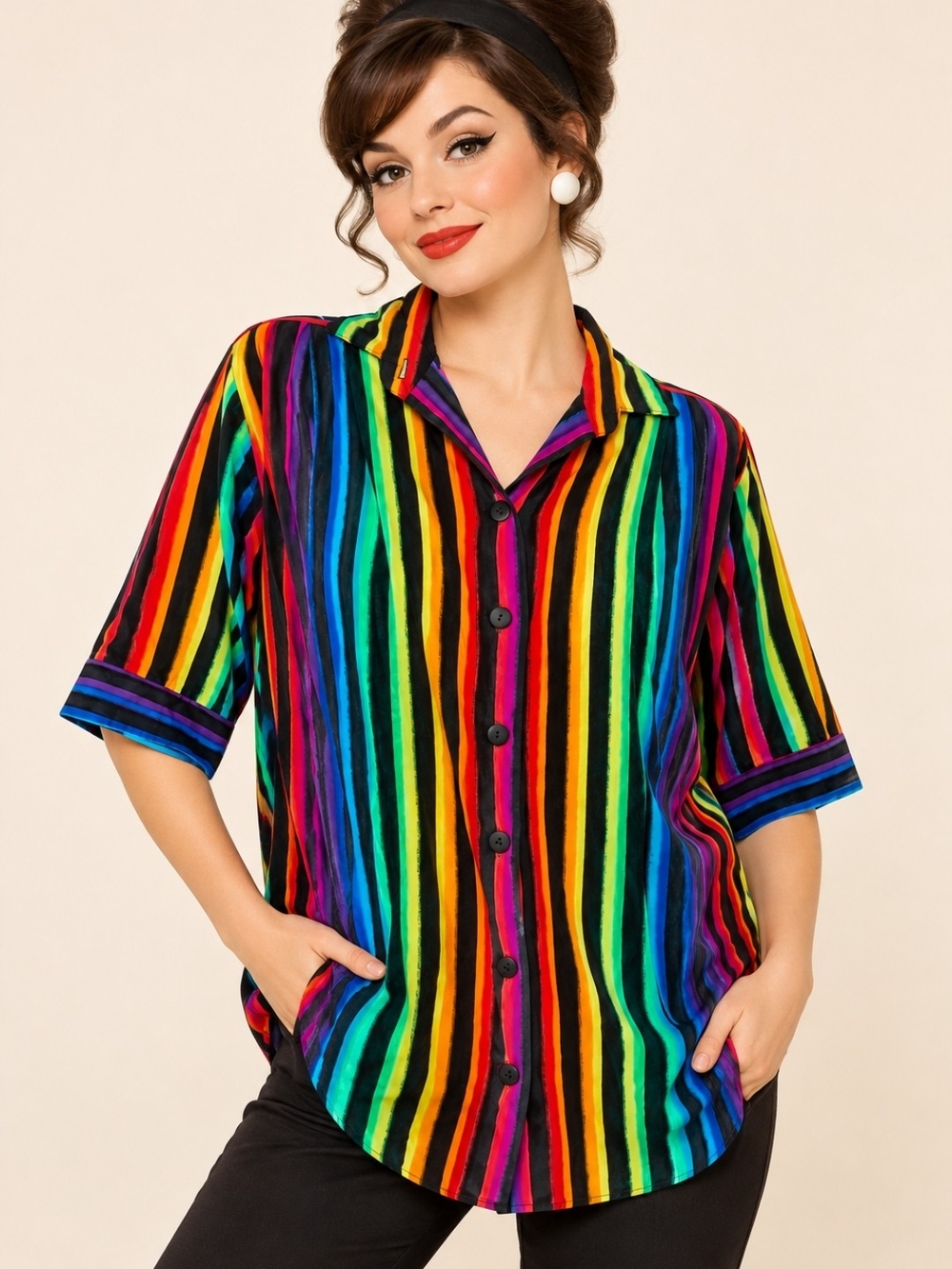 VINTAGE 70s 80s MULTICOLOR STRIPED BLOUSE SZ L